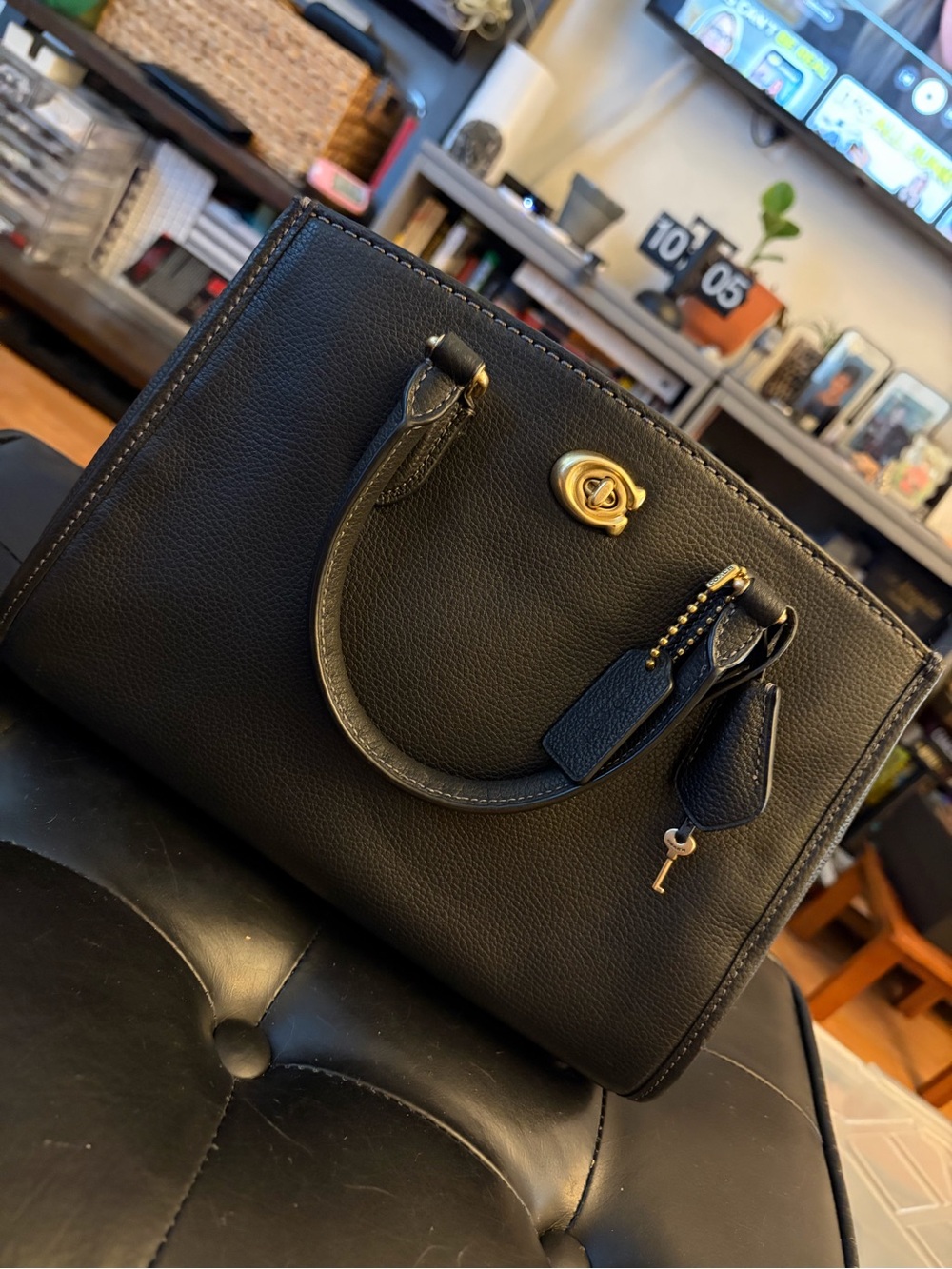 Coach Brooke 28 Carryall Black Pebbled Leather Satchel with Gold Turnlock